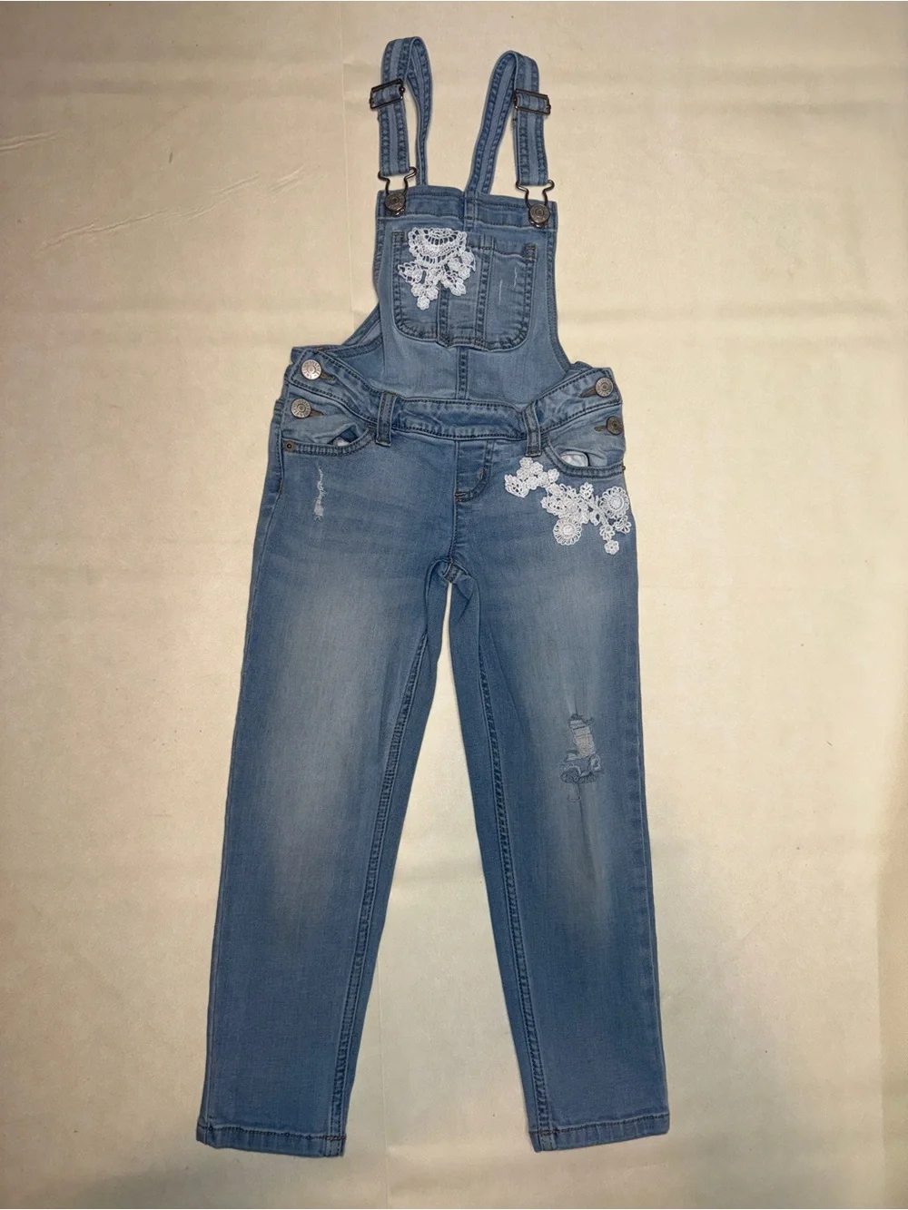 Justice Light Blue Denim Overalls with White Lace Appliqué